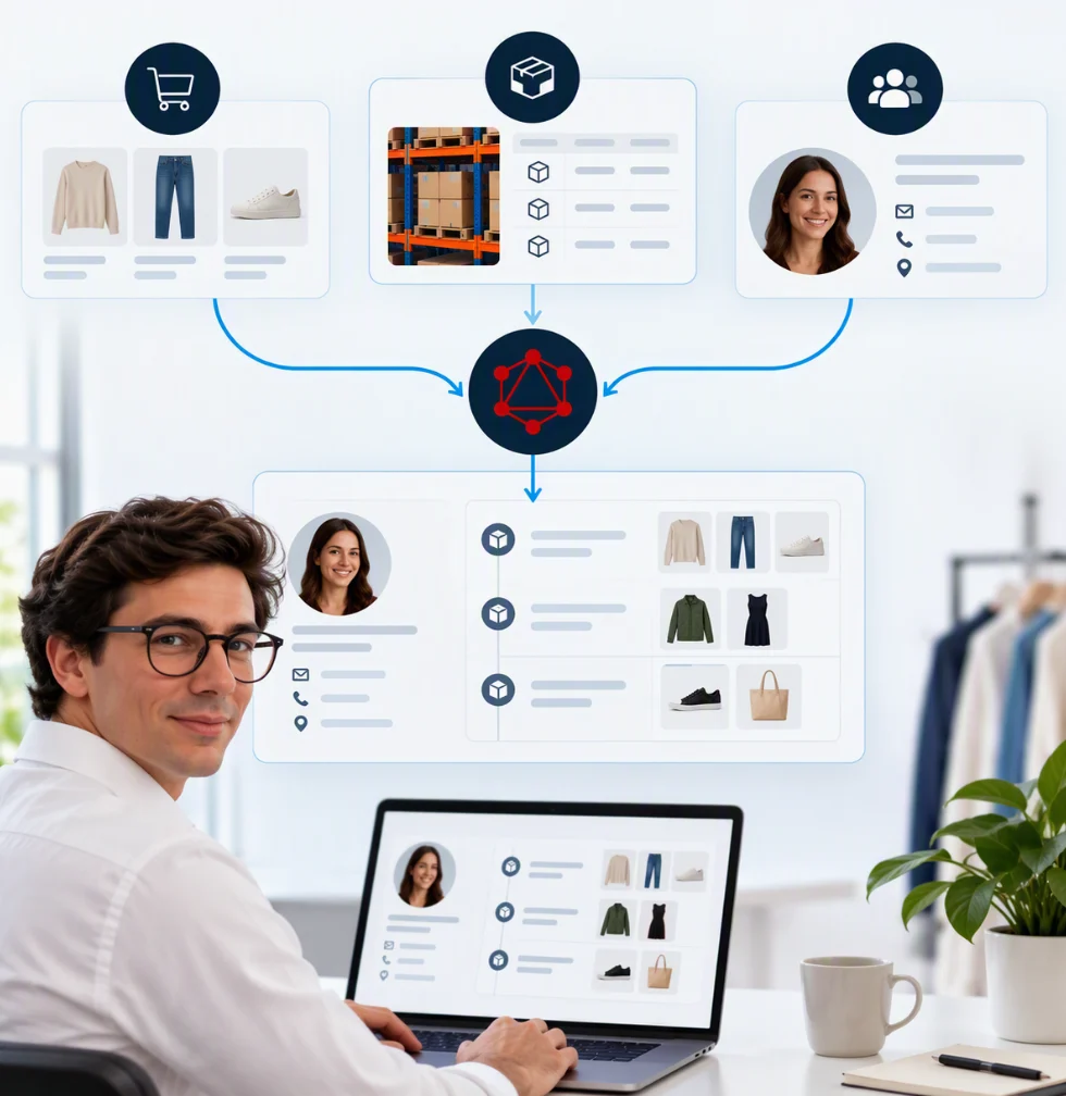 Medewerker bekijkt klant-, order- en productgegevens uit webshop, ERP en CRM via een GraphQL-API