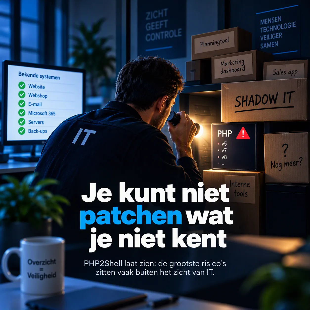 Een IT-medewerker onderzoekt met een zaklamp onbekende applicaties en PHP-systemen achter dozen met shadow-IT-labels