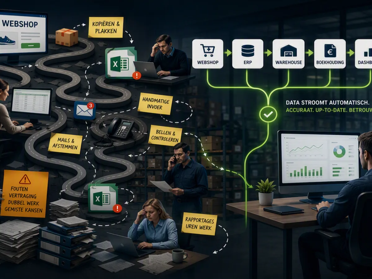 Dashboard met bedrijfsdata en handmatig overgetypte informatie in verschillende systemen